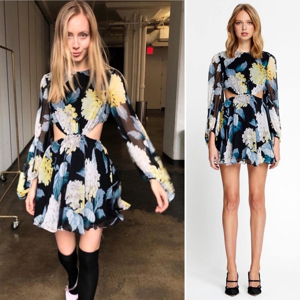 Alice McCall Wild Frontiers Mini Dress Black/Blue Floral Cut Out, Size 10